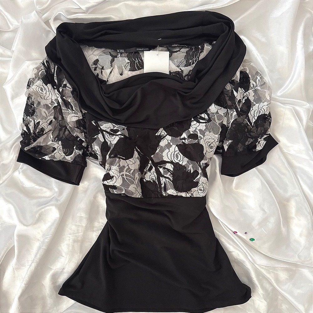 Maurices Black White Floral Lace Cowl Neck Empire Waist Top M
